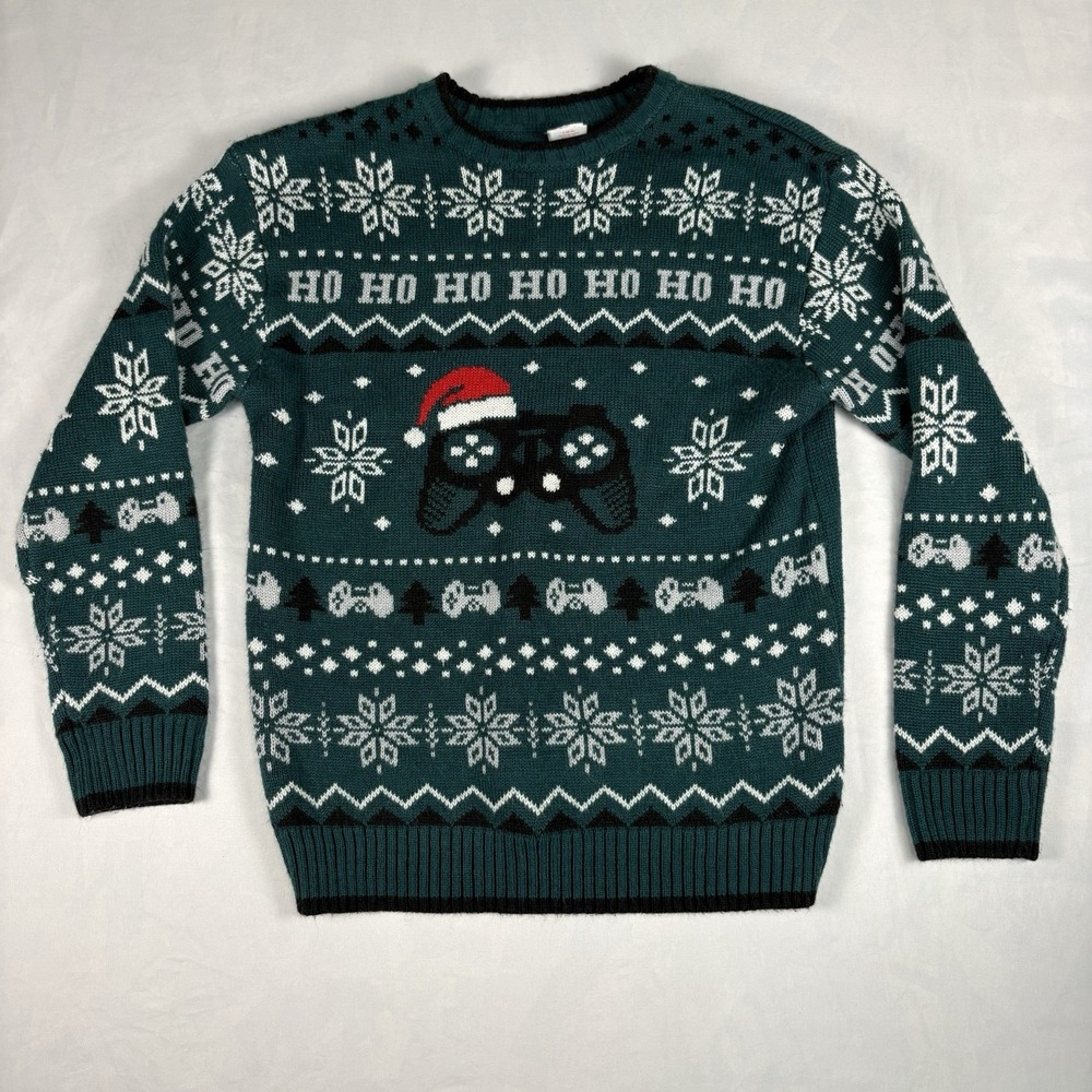 Holiday Time Boys Christmas Sweater L 10-12 Green Fair Isle Knit Crew Neck